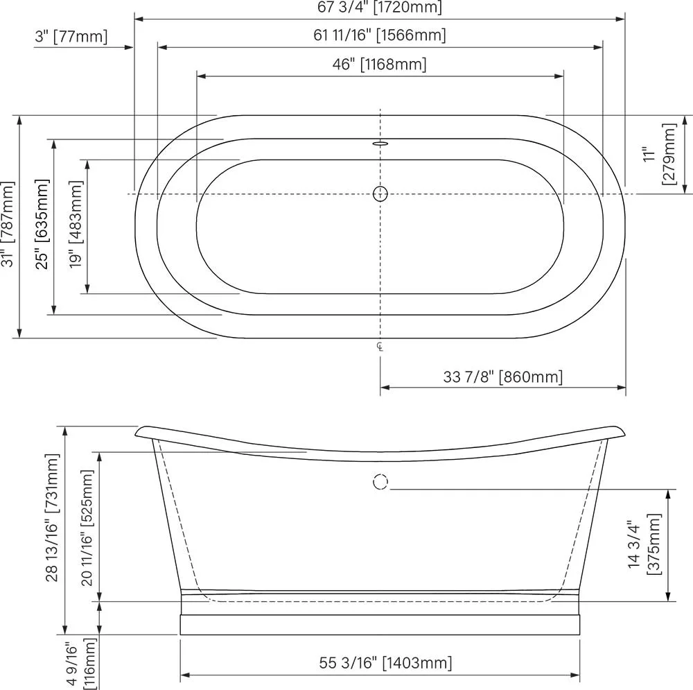 Bain Ara fonte emaillé fini miroir 67 3/4'' x 31'' x 28 3/16''