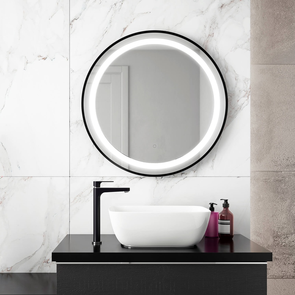 Effect Miroir Rond à Éclairage Del avec Bande Givrée, Cadre Noir et Interrupteur Tactile pour Contrôle de Température de Couleur Ø30 X 1¾