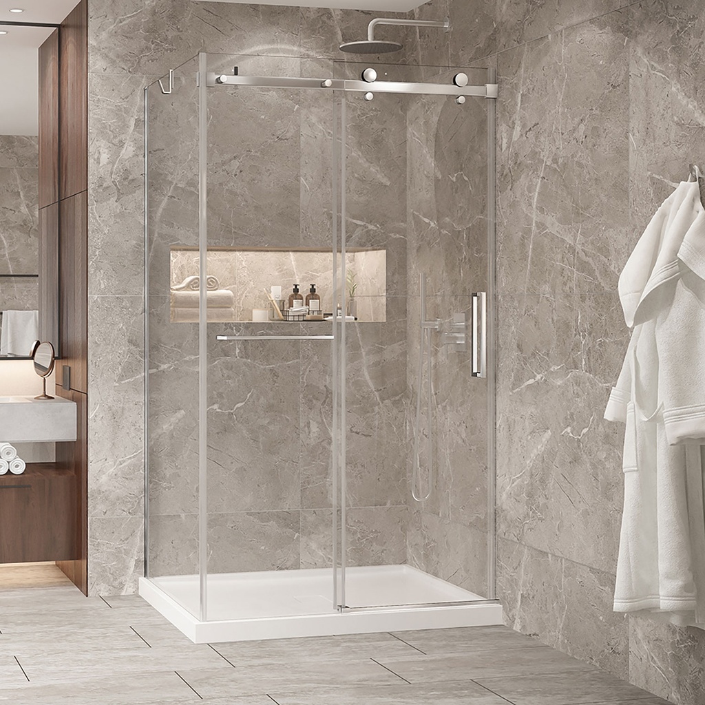 Porte de douche Bellini chrome 54x42" en coin avec fermeture sur mur avec barre à serviette