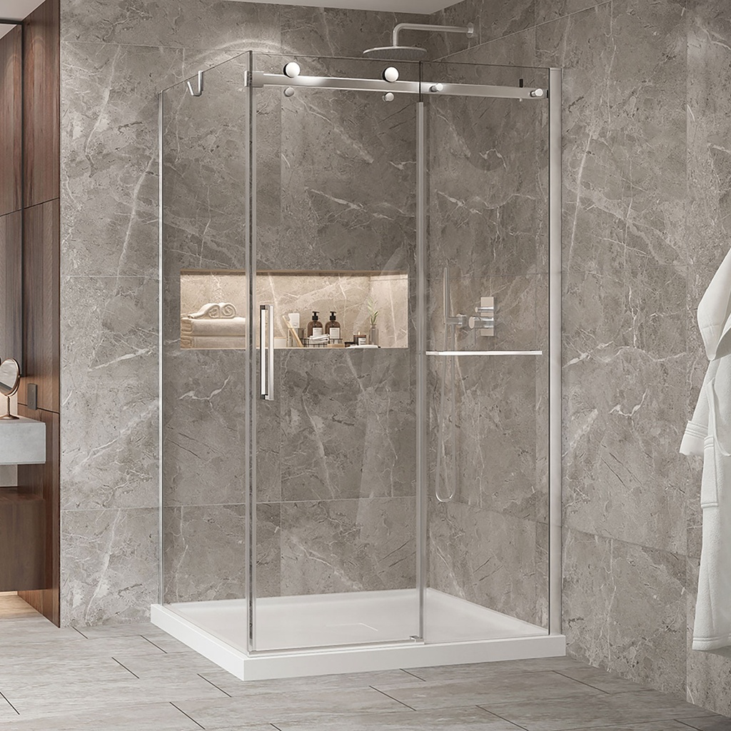 Porte de douche Bellini chrome 48x42" en coin avec fermeture sur panneau de retour avec barre à serviette