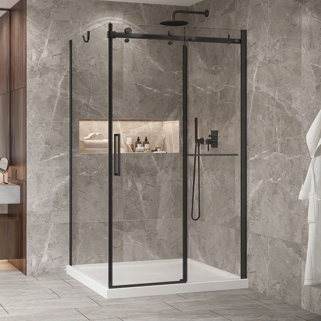 Porte de douche Bellini noir mat 54x32" en coin avec fermeture sur panneau de retour avec barre à serviette
