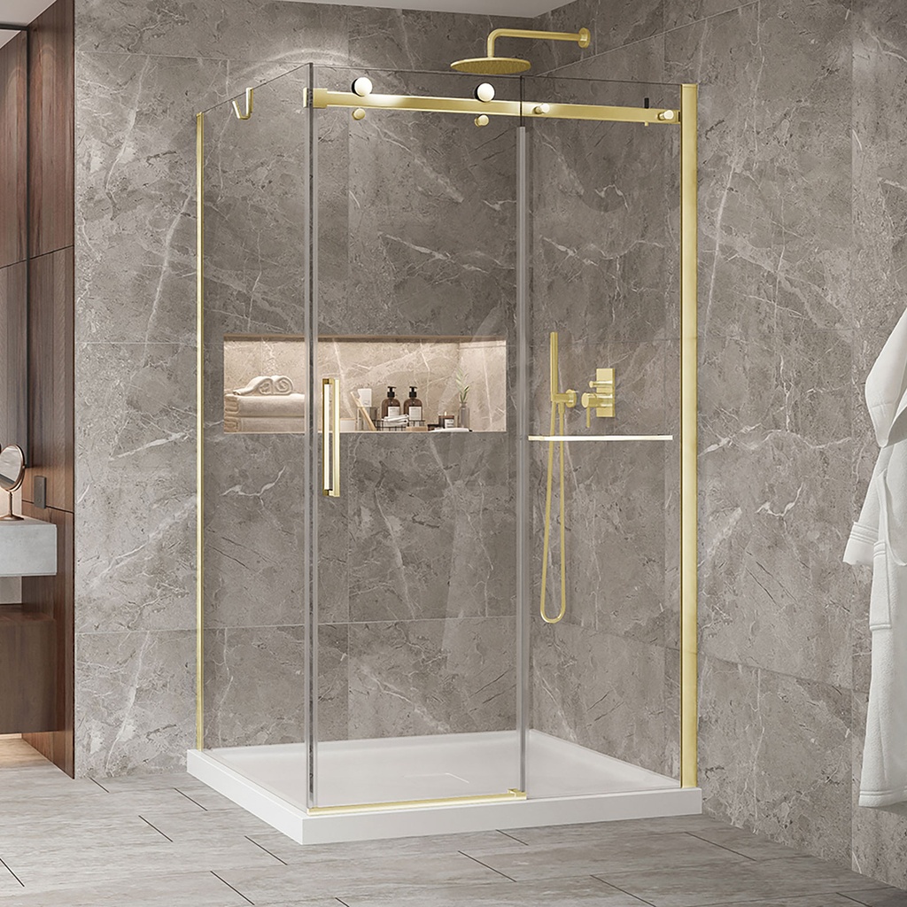 Porte de douche Bellini or brossé 54x36" en coin avec fermeture sur panneau de retour avec barre à serviette