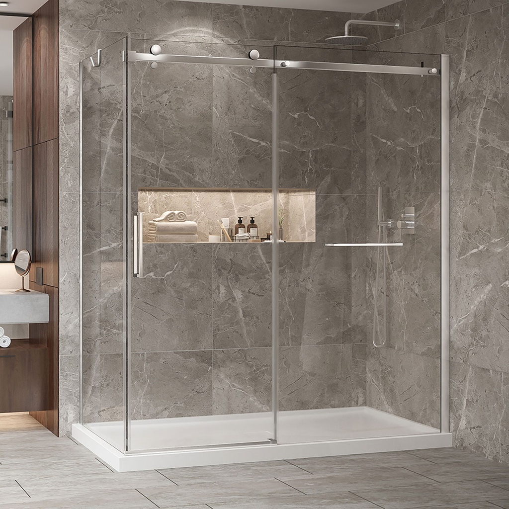 Porte de douche Bellini chrome 72x36" en coin avec fermeture sur panneau de retour avec barre à serviette