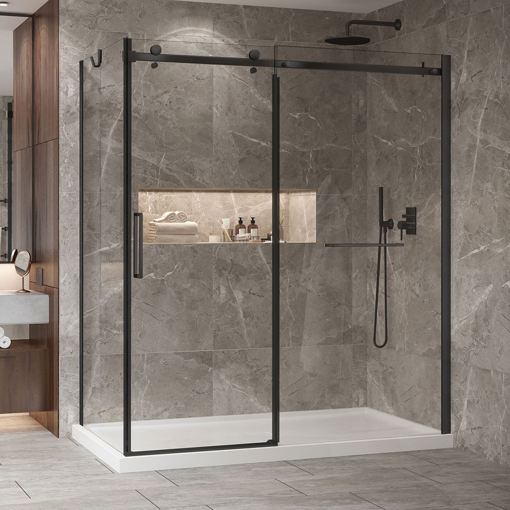 Porte de douche Bellini noir mat 72x36" en coin avec fermeture sur panneau de retour avec barre à serviette