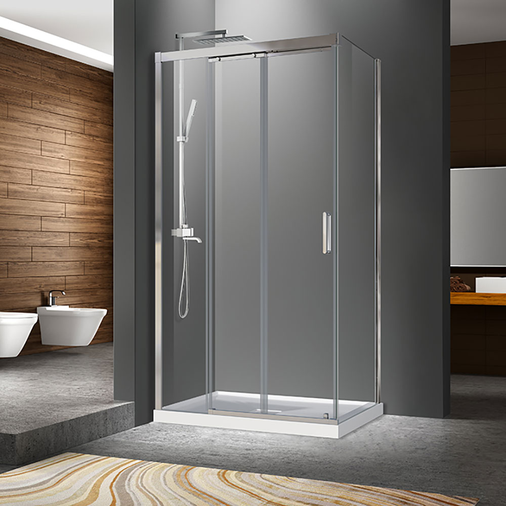 Porte de douche Caldara chrome 48x32" en coin avec fermeture sur panneau de retour