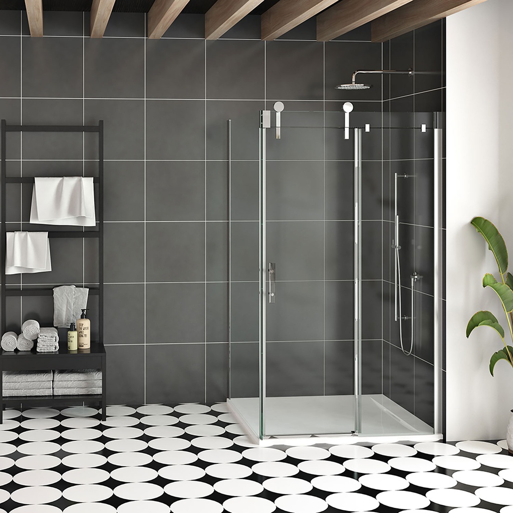 Porte de douche Infinite chrome 48x42" en coin avec fermeture sur panneau de retour