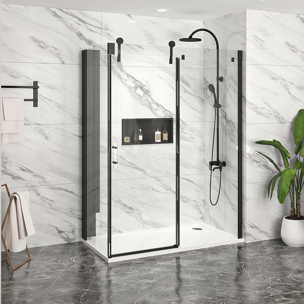 Porte de douche Infinite noir mat 60x42" en coin avec fermeture sur panneau de retour