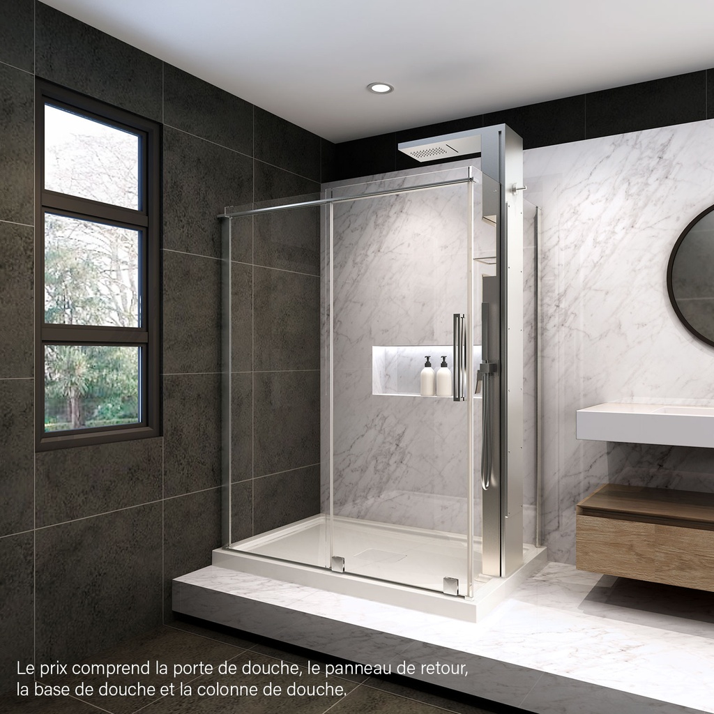 Porte de douche Quadro chrome 60x36" en coin, mur à gauche, porte à droite, avec fermeture sur panneau de retour avec colonne de douche