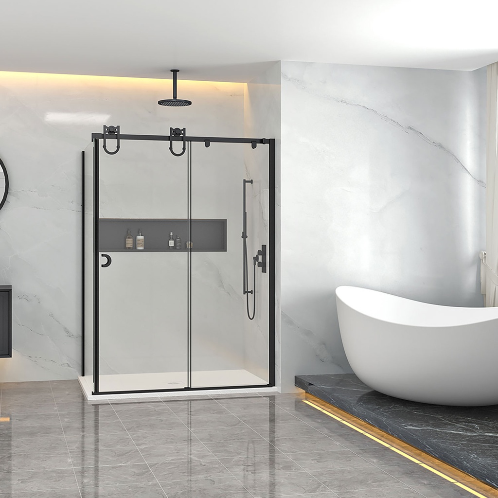 Porte de douche Barn noir mat 60x42" en coin avec fermeture sur panneau de retour