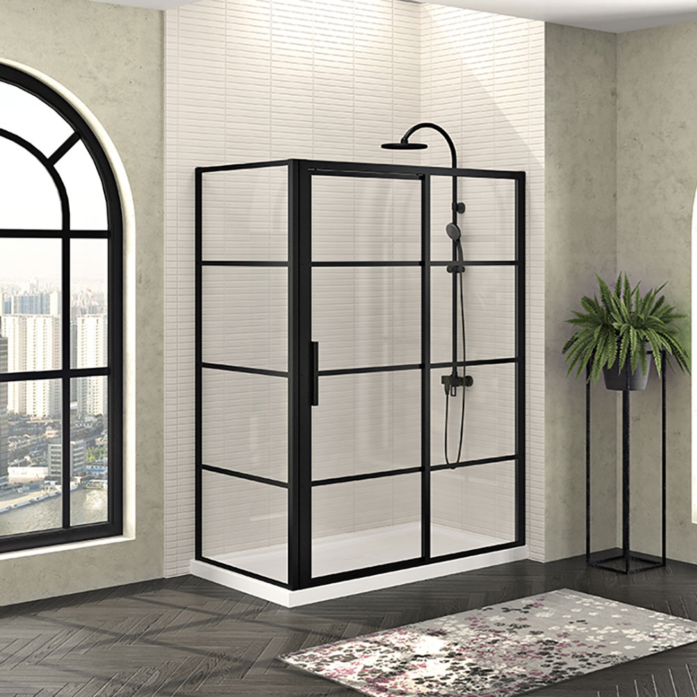 Porte de douche Mecanex noir mat 60x36" en coin, porte à gauche avec fermeture sur panneau de retour