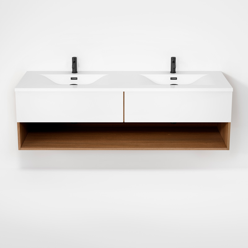 Haus - Meuble lavabo 63" double - Contour chêne naturel & Façades blanc