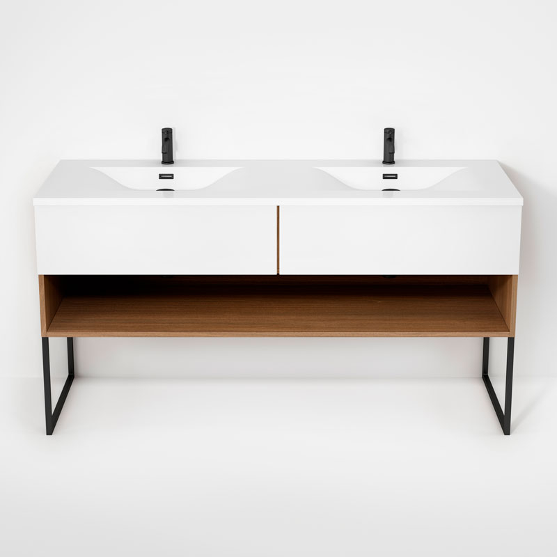 Haus - Meuble lavabo 63" double avec pattes U - Contour chêne naturel & Façades blanc