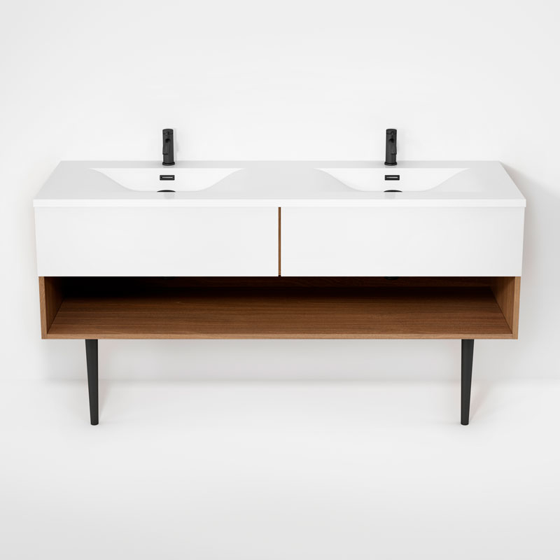 Haus - Meuble lavabo 63" double avec pattes simples - Chêne naturel & Façades blanc