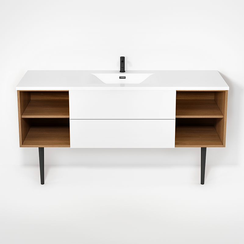 Haus - Meuble lavabo 63" simple avec pattes simples - Contour chêne naturel & Façades blanc