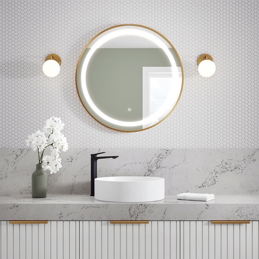 Effect Miroir Rond à Éclairage Del avec Bande Givrée, Cadre Or Brossé et Interrupteur Tactile pour Contrôle de Température de Couleur Ø30 X 1¾