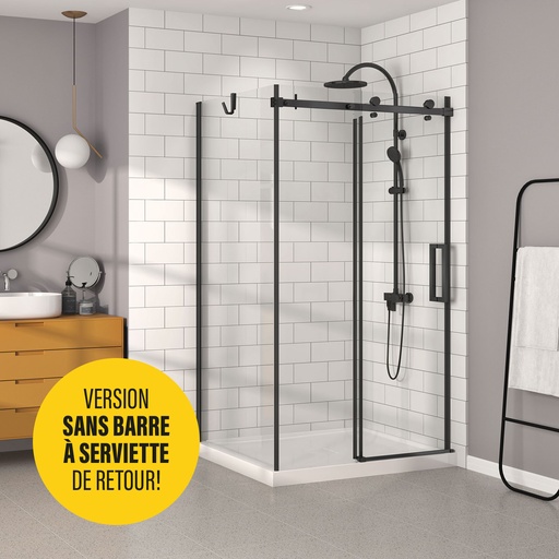 Porte de douche Bellini noir mat 48" x 32" en coin avec fermeture sur mur sans barre à serviette