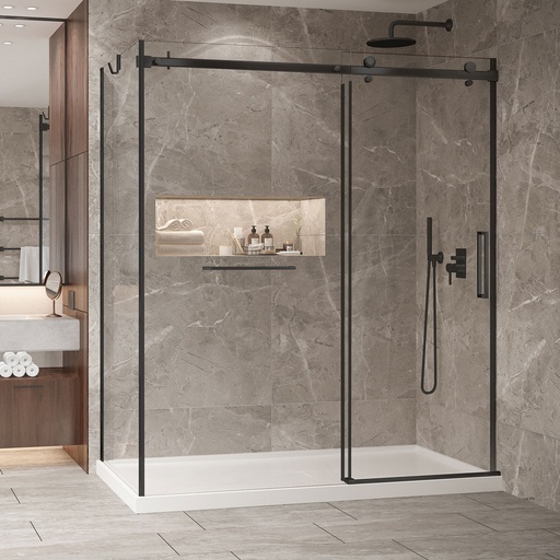 Porte de douche Bellini noir mat 72x32" en coin avec fermeture sur mur avec barre à serviette