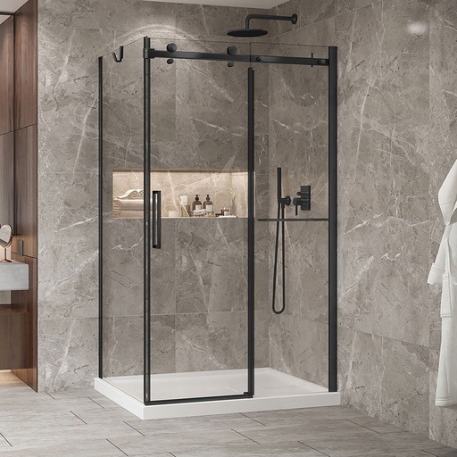 Porte de douche Bellini noir mat 48x32" en coin avec fermeture sur panneau de retour avec barre à serviette