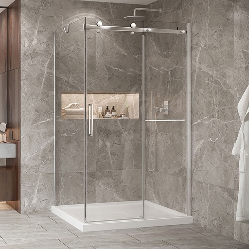 Porte de douche Bellini chrome 48x42" en coin avec fermeture sur panneau de retour avec barre à serviette