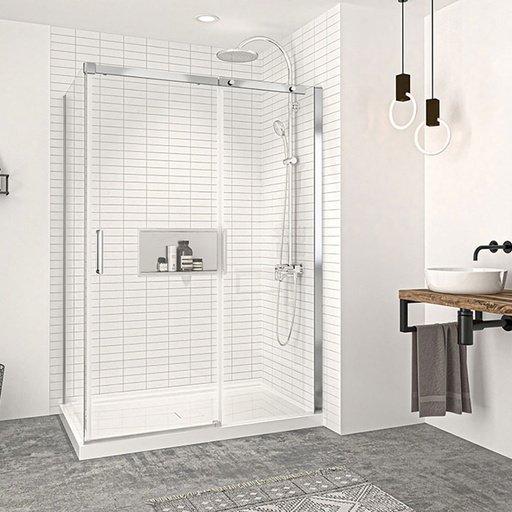 Porte de douche Vague chrome 60x36" en coin avec fermeture sur panneau de retour