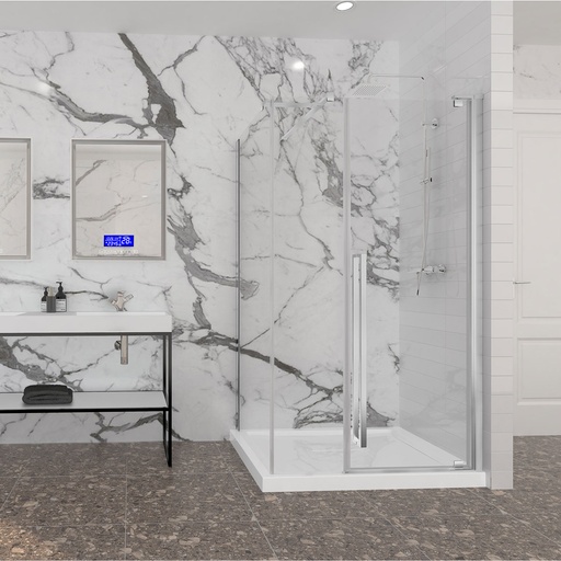 Porte de douche Amaly chrome 48x42" en coin, porte décentré avec fermeture sur panneau de retour