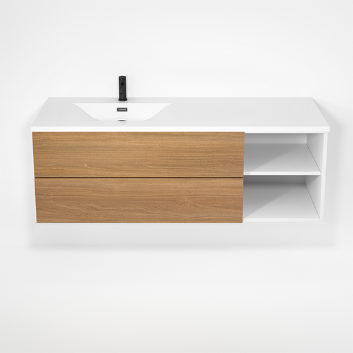 HAUS - Meuble lavabo 55" décentré gauche - Contour blanc & Façades chêne naturel