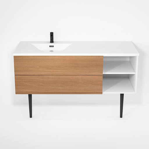 HAUS - Meuble lavabo 55" décentré gauche avec pattes simples - Contour blanc & Façades chêne nautrel