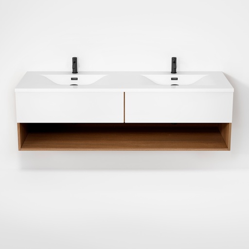 Haus - Meuble lavabo 63" double - Contour chêne naturel & Façades blanc