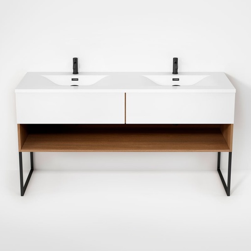 Haus - Meuble lavabo 63" double avec pattes U - Contour chêne naturel & Façades blanc