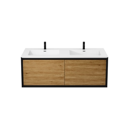 Terra - Meuble lavabo 59" double - contour noir & façades chêne naturel